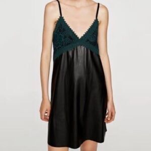 ZARA | NEW Faux Leather Black Mini Dress Green Lace Top Women’s Size Medium